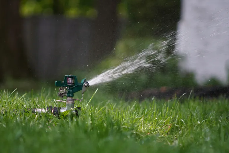 Sprinkler system irrigating a green lawn
